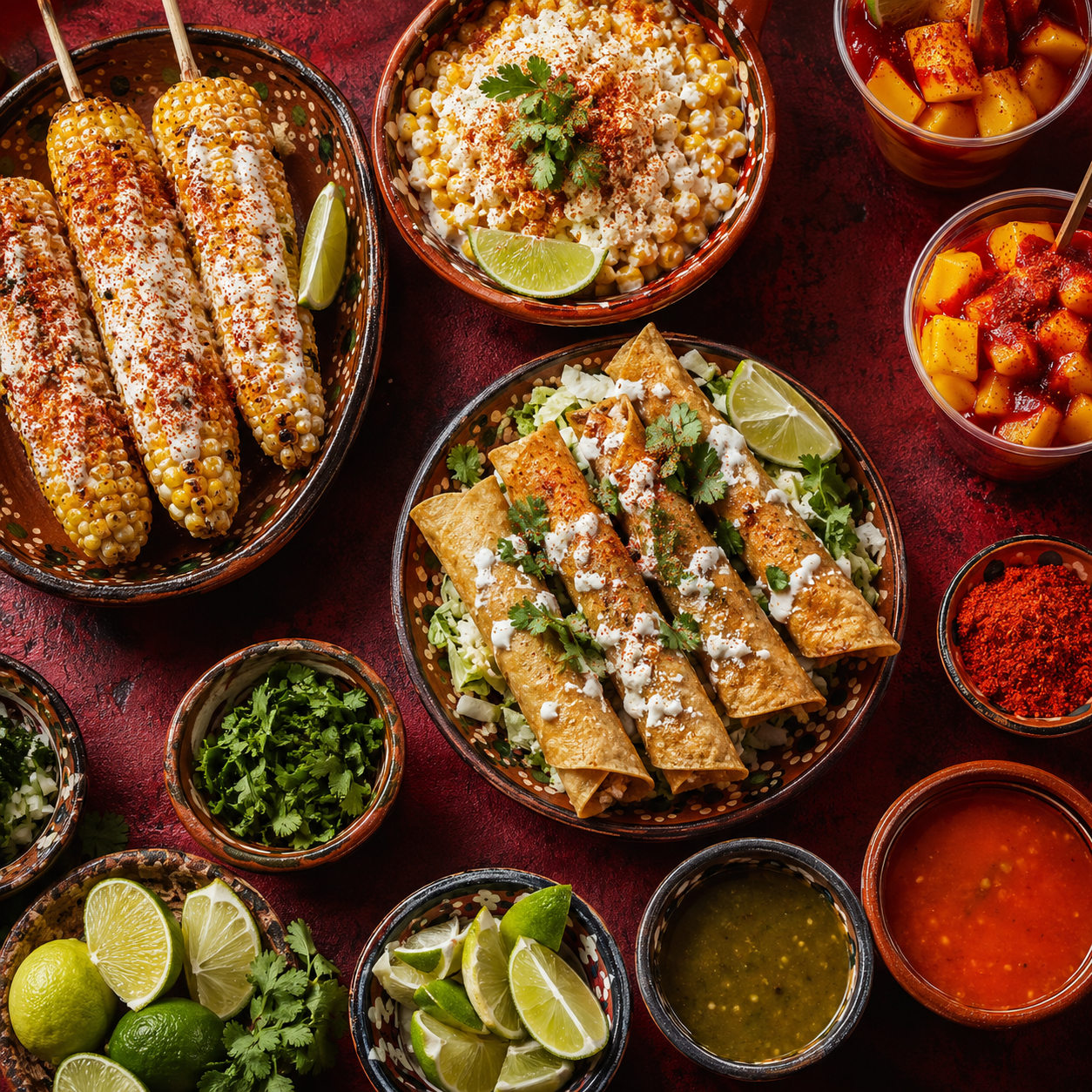 Selección colorida de antojitos mexicanos, elote, fruta y salsas
