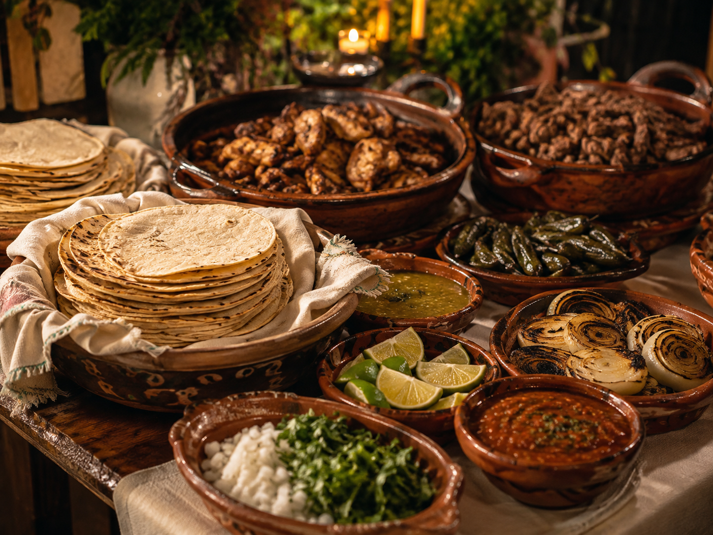 Mesa de taquiza con tortillas, salsas y complementos